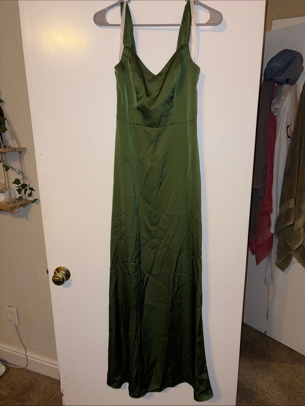 Azazie Olive Green Satin Slip Maxi Dress